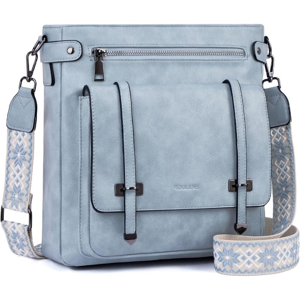 Women’s Sky Blue Leather Multi-Pocket Travel Purse Crossbody Bag